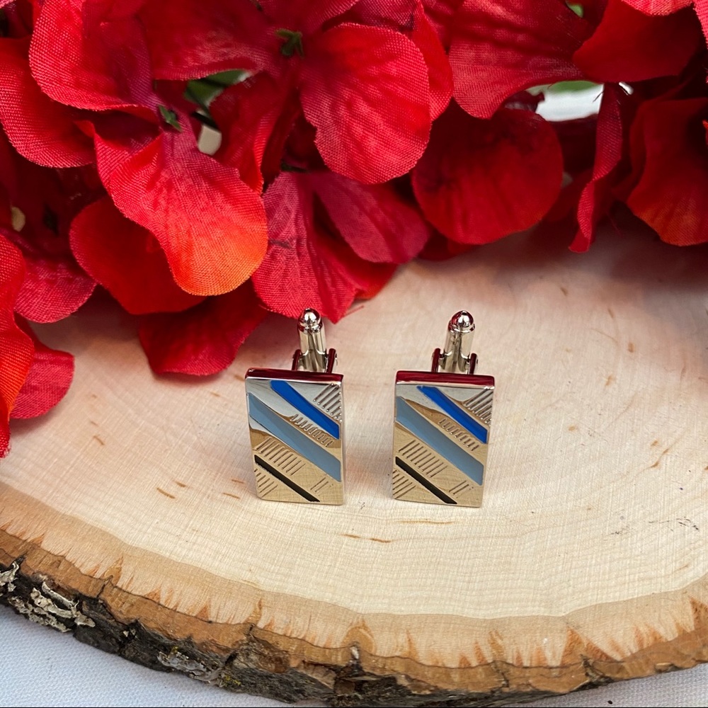 Classic Blue, Silver and Black Stripe Cufflinks - Picture 3 of 8